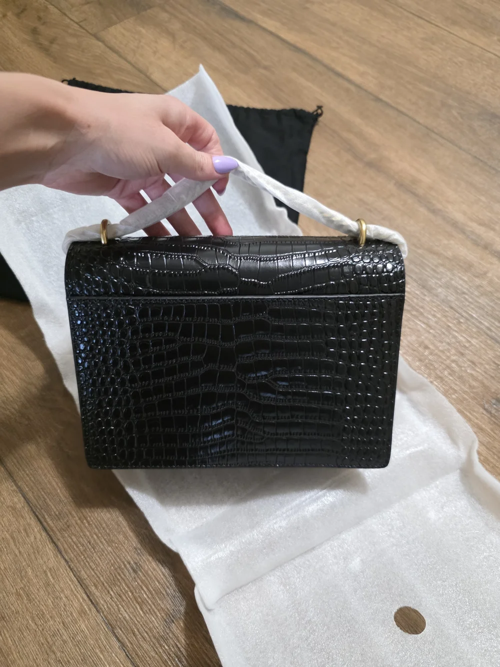 Saint Laurent Black Croc-Embossed Leather Shoulder Bag - Picture 8 of 11